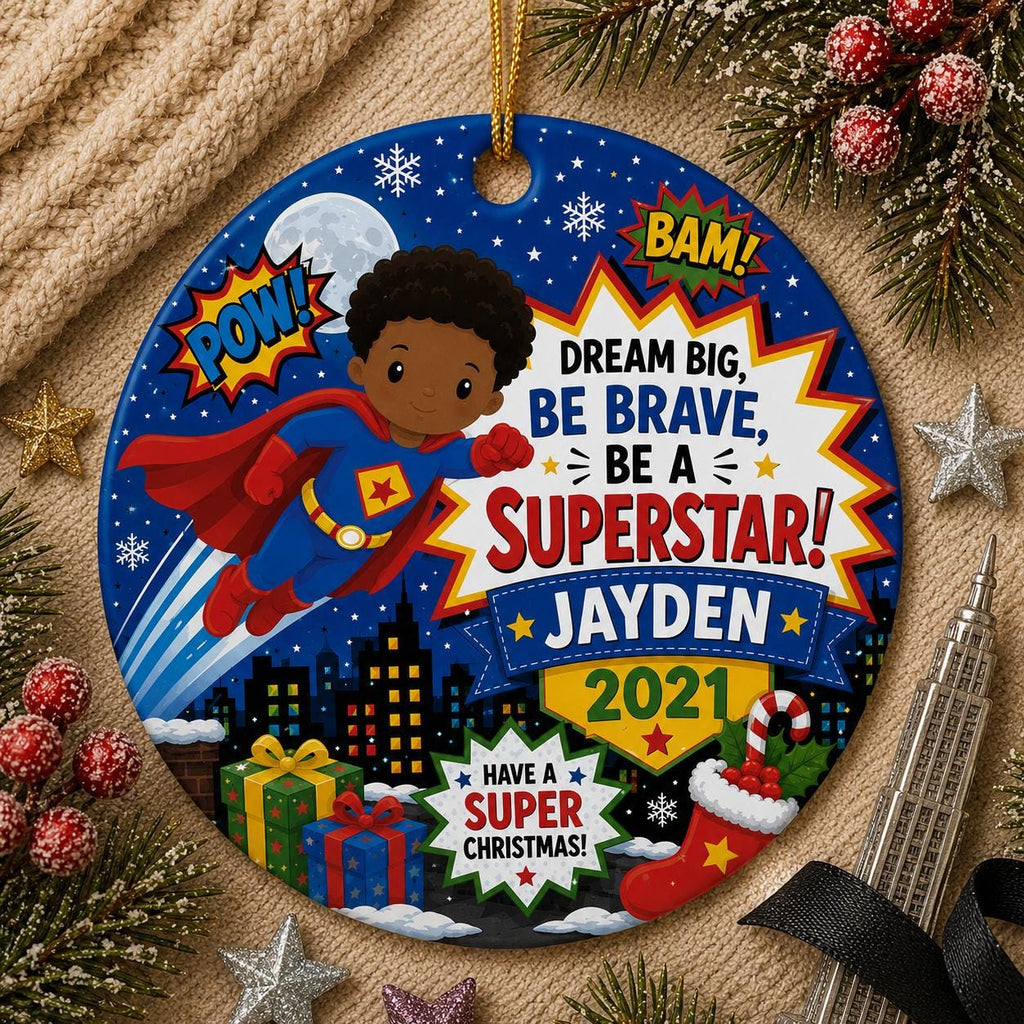 Superhero Kid Ornament, Custom Comic Style Christmas KeepsakePersonalized