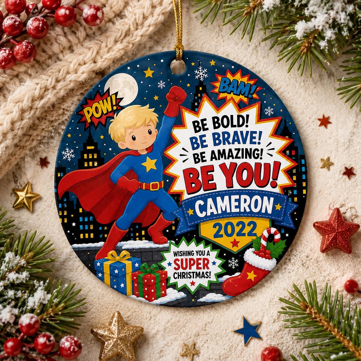 Superhero Ceramic Ornament, Custom Boy Christmas Keepsake, Be Bold Be Brave HeroPersonalized