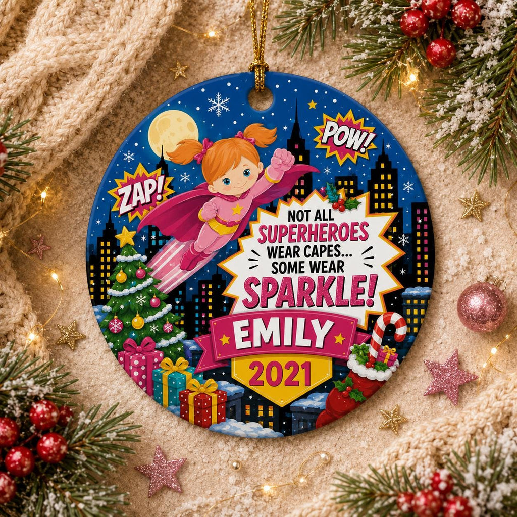 Girl Superhero Ornament, Custom Name City Skyline Ceramic ArtPersonalized