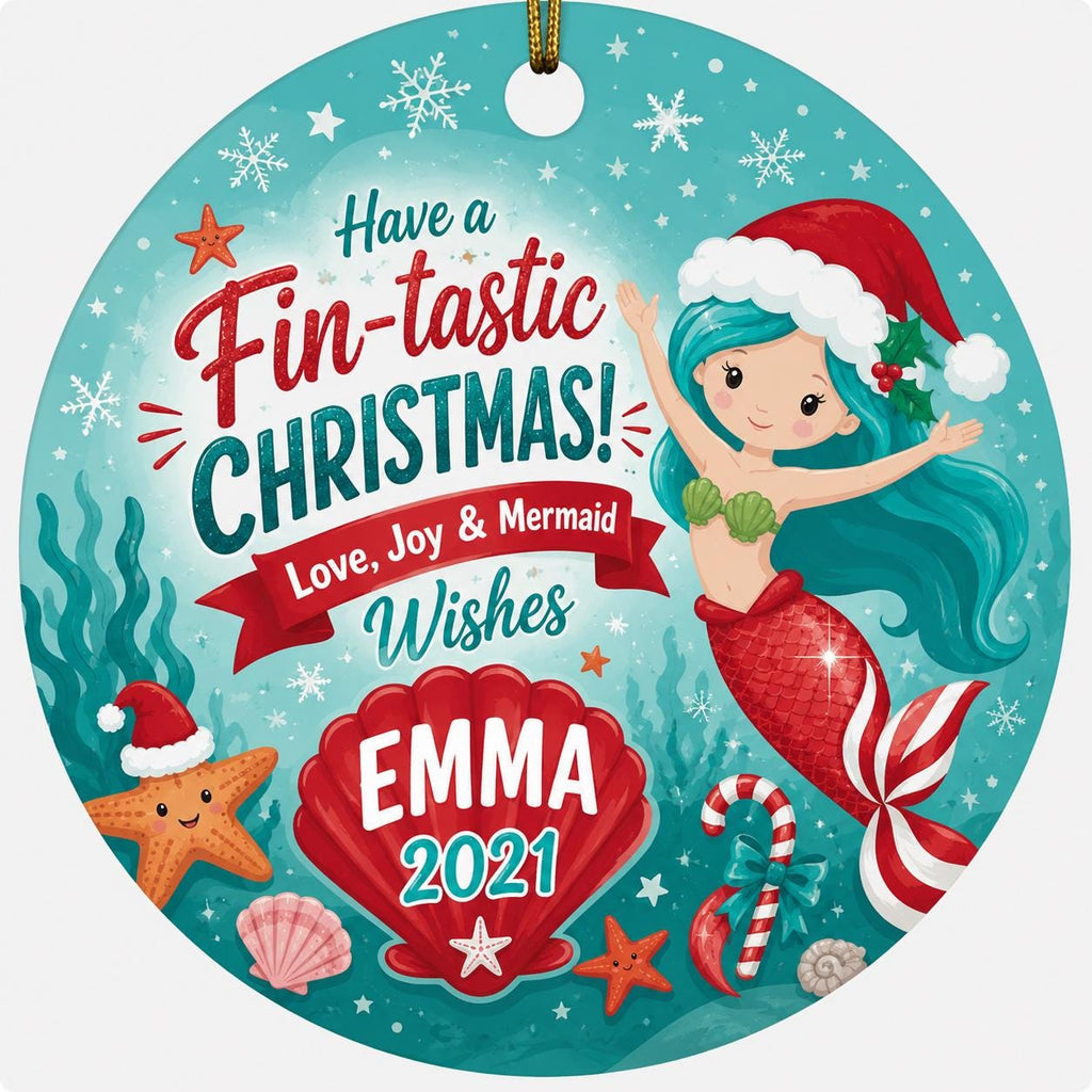 Mermaid Christmas Ornament, Santa Hat Beach Holiday KeepsakePersonalized