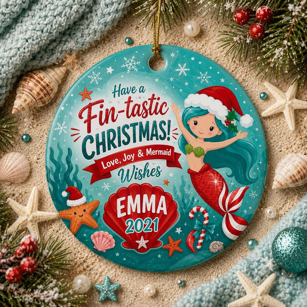 Mermaid Christmas Ornament, Santa Hat Beach Holiday KeepsakePersonalized