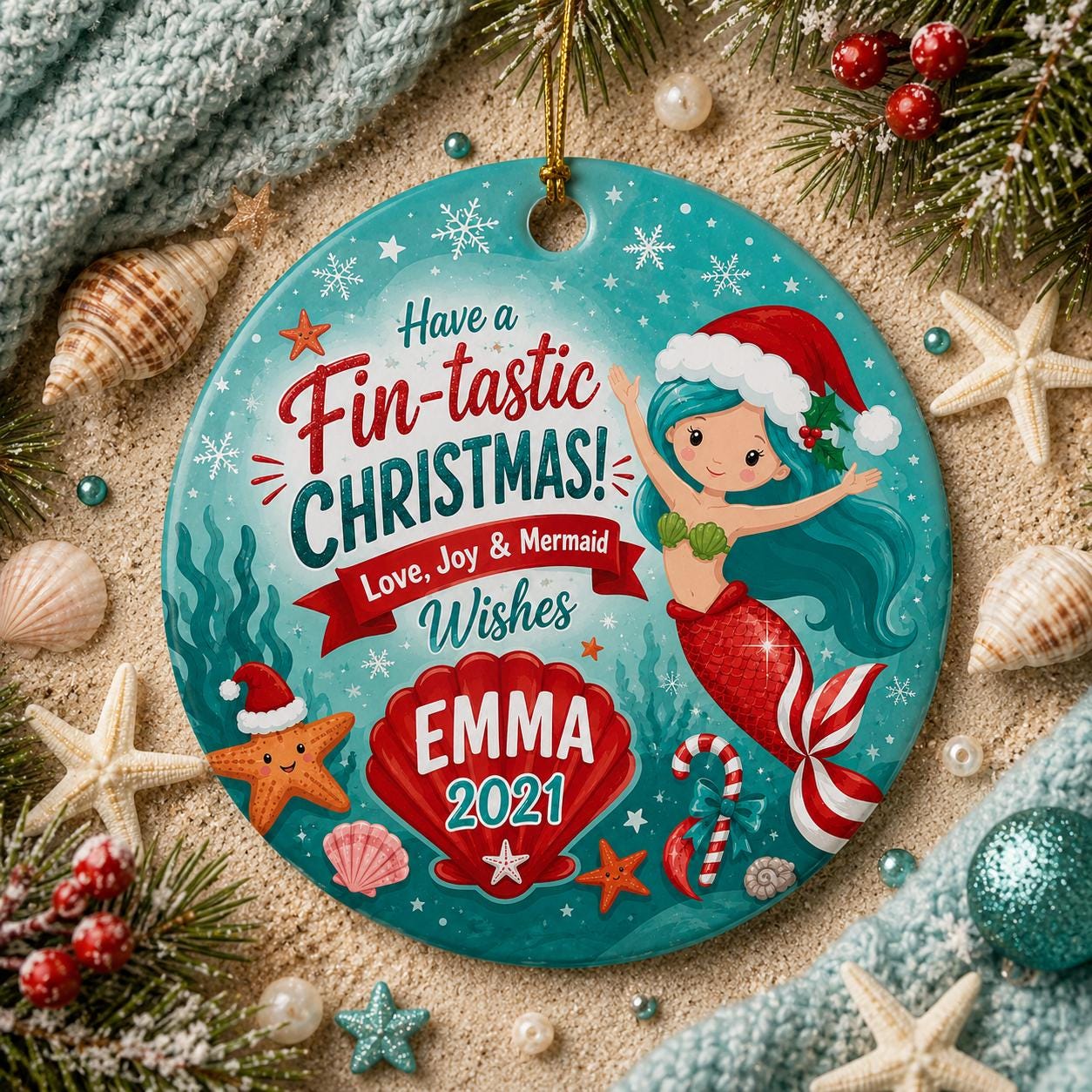 Mermaid Christmas Ornament, Santa Hat Beach Holiday KeepsakePersonalized