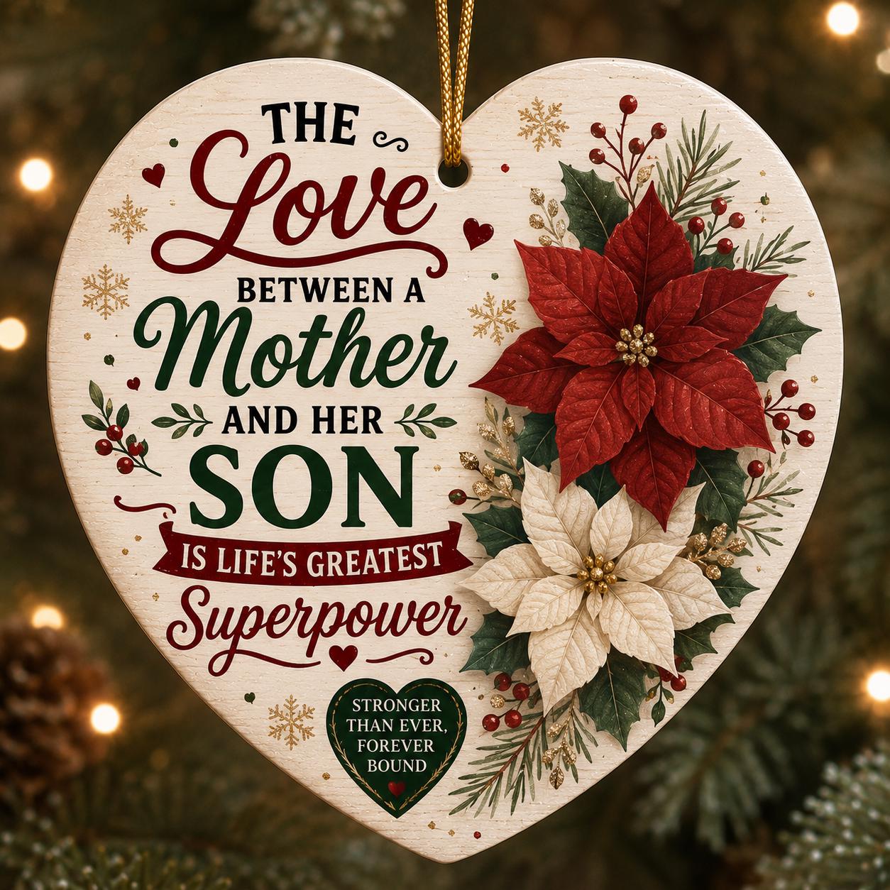 Mother Son Heart Ornament, Poinsettia Christmas Keepsake, Ceramic OrnamentPersonalized
