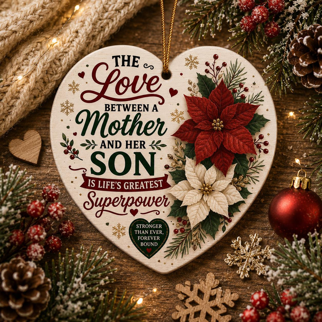 Mother Son Heart Ornament, Poinsettia Christmas Keepsake, Ceramic OrnamentPersonalized