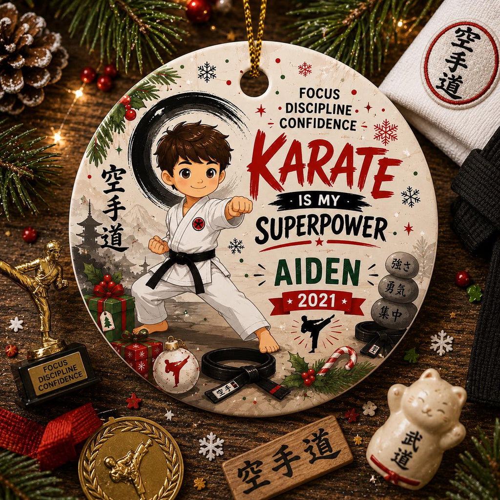 Karate Ornament, Martial Arts Christmas Keepsake, Ceramic Boy GiftPersonalized