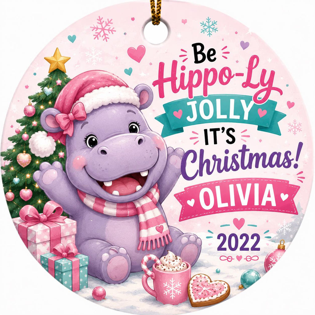 Hippo Christmas Ornament, Festive Ceramic Keepsake, Kids Animal GiftPersonalized