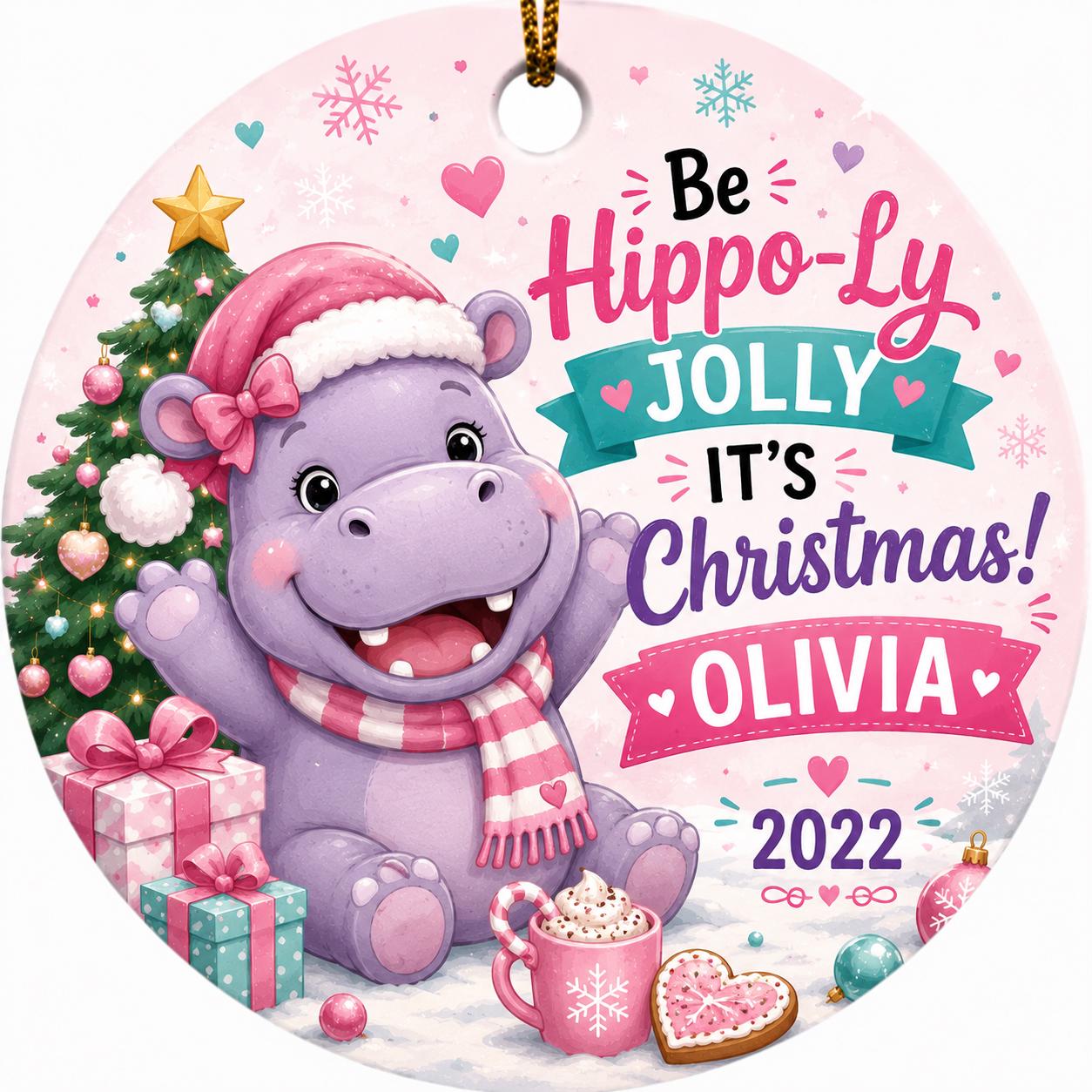 Hippo Christmas Ornament, Festive Ceramic Keepsake, Kids Animal GiftPersonalized