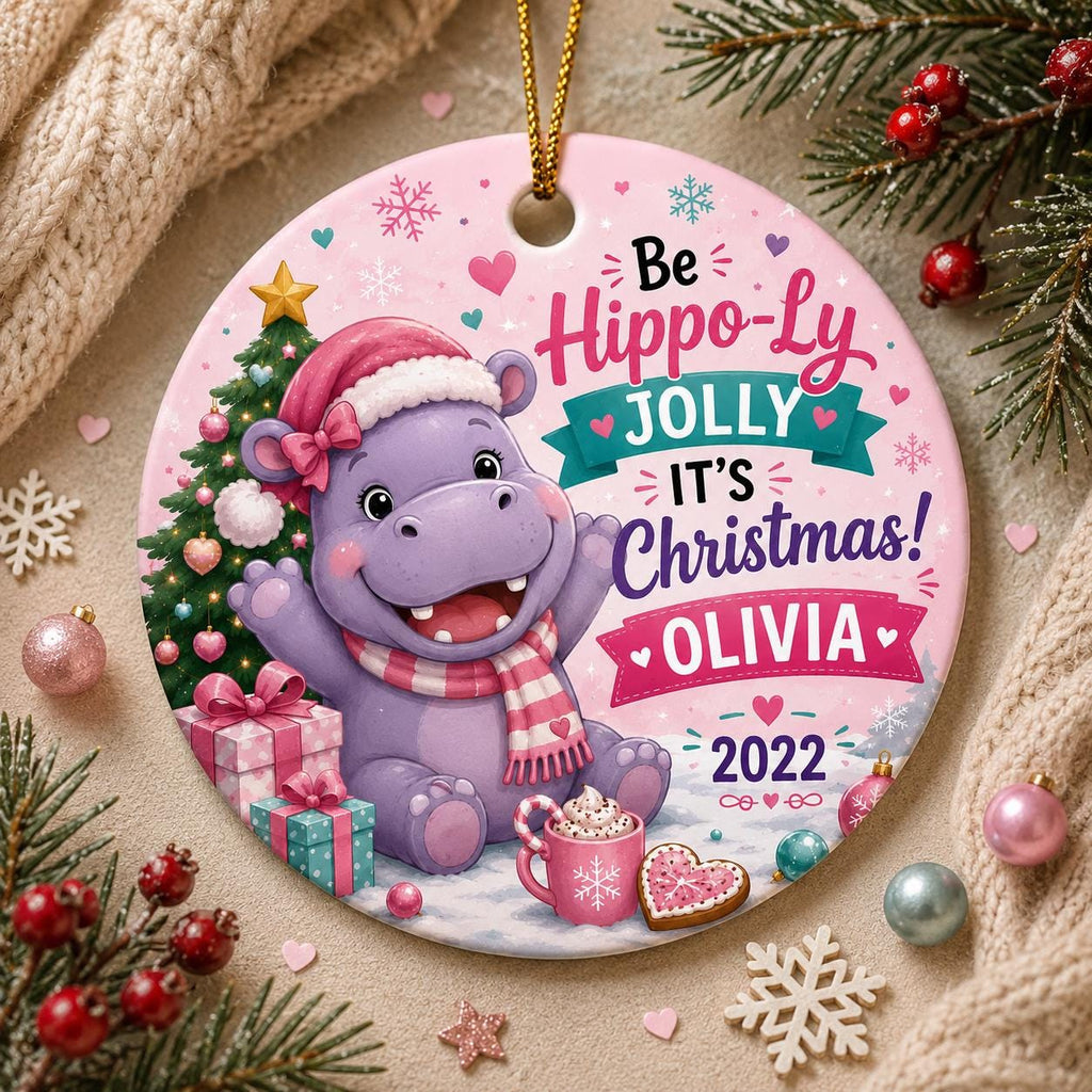 Hippo Christmas Ornament, Festive Ceramic Keepsake, Kids Animal GiftPersonalized