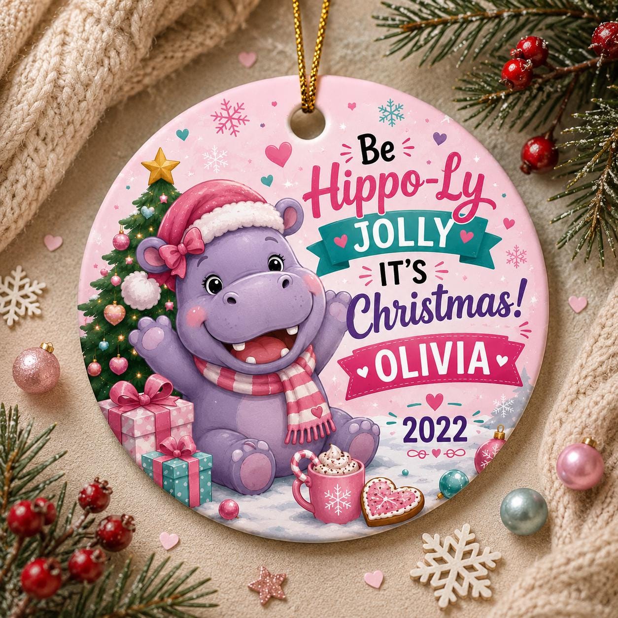 Hippo Christmas Ornament, Festive Ceramic Keepsake, Kids Animal GiftPersonalized