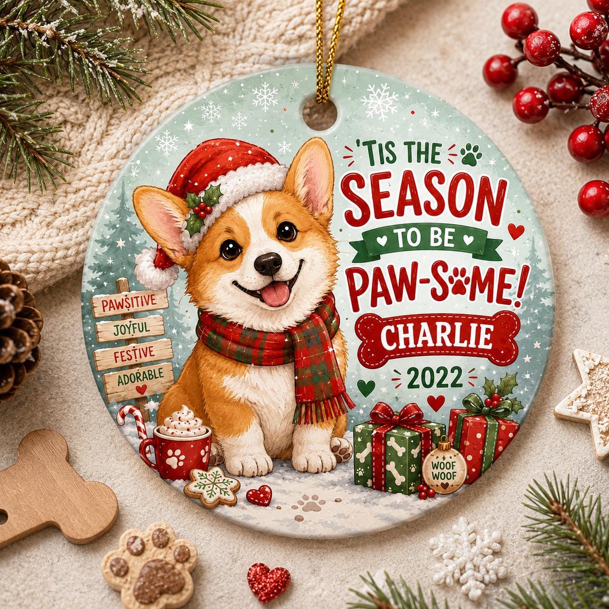 Corgi Christmas Ornament, Festive Dog Lover Ceramic KeepsakePersonalized