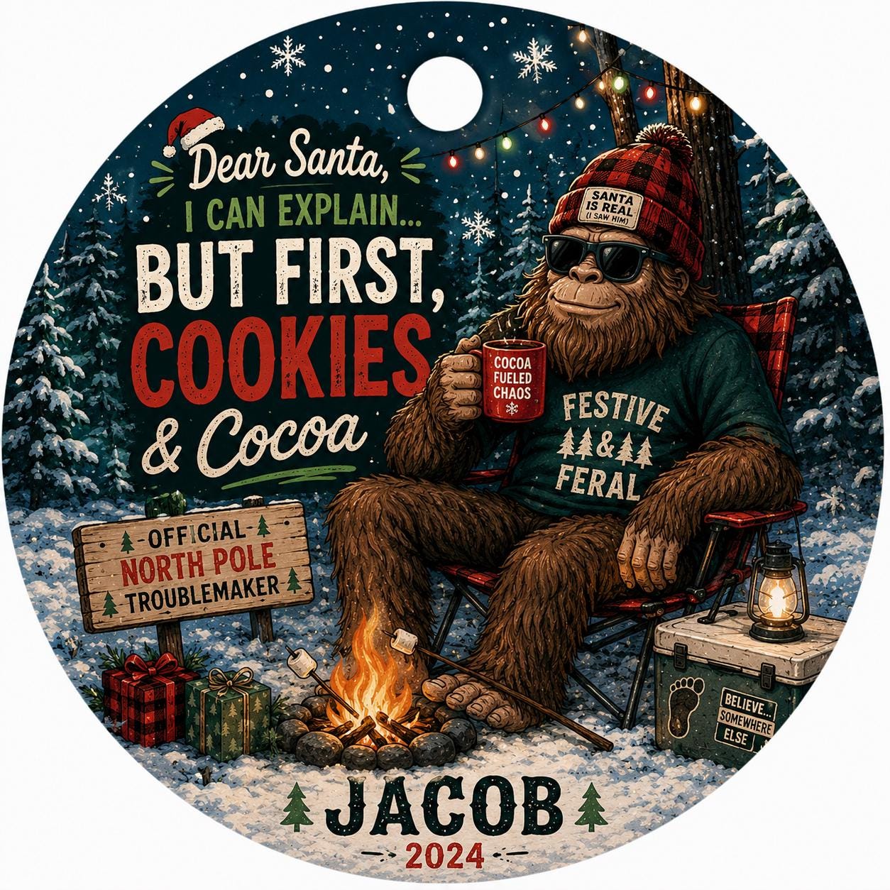 Funny Bigfoot Christmas Ornament, Personalized Sasquatch Gift, Custom Camping Ornament, Festive Feral Ceramic KeepsakePersonalized