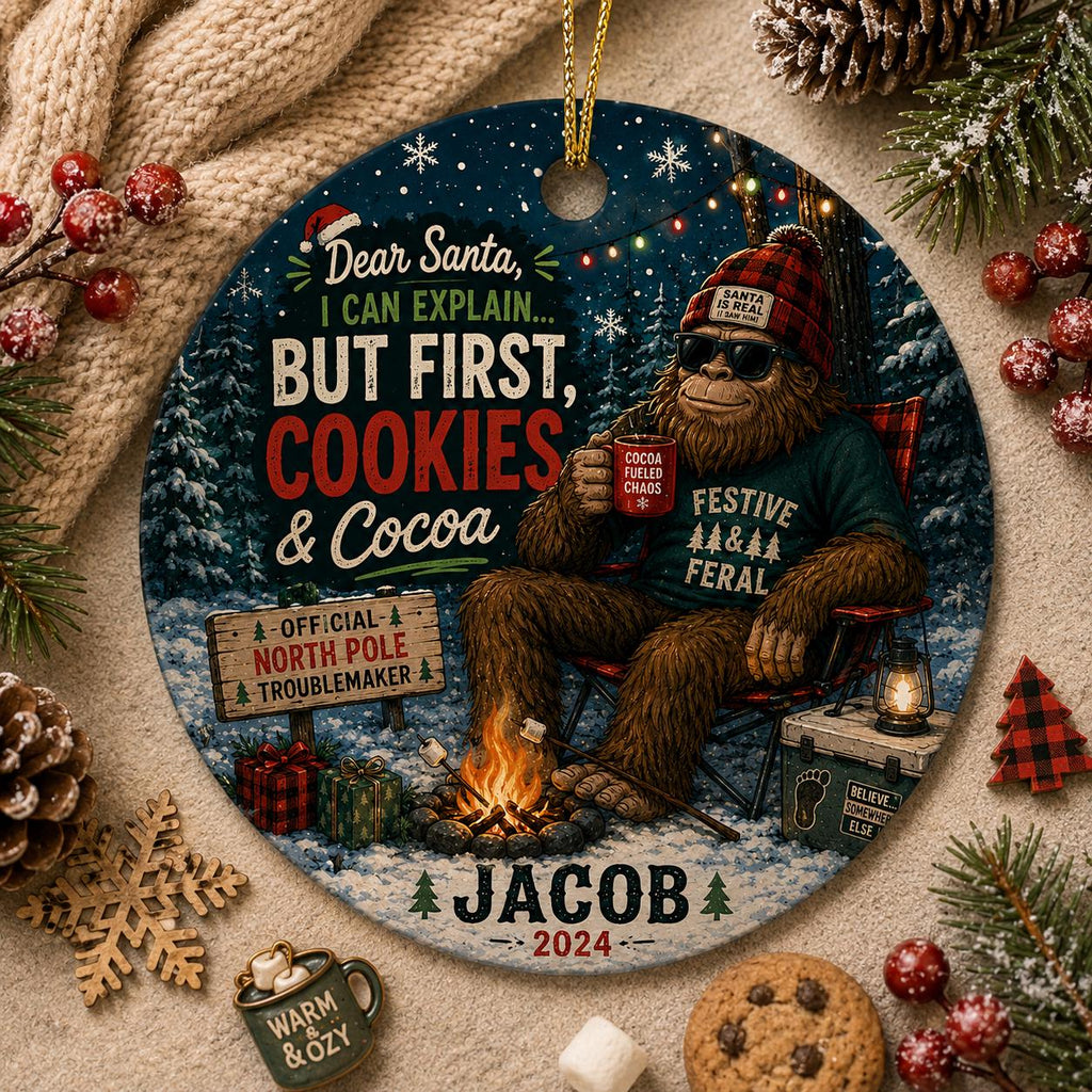 Funny Bigfoot Christmas Ornament, Personalized Sasquatch Gift, Custom Camping Ornament, Festive Feral Ceramic KeepsakePersonalized