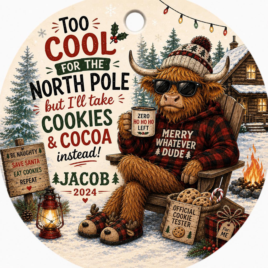 Highland Cow Christmas Ornament, Rustic Farmhouse Holiday Decor, Cookies Cocoa GiftPersonalized
