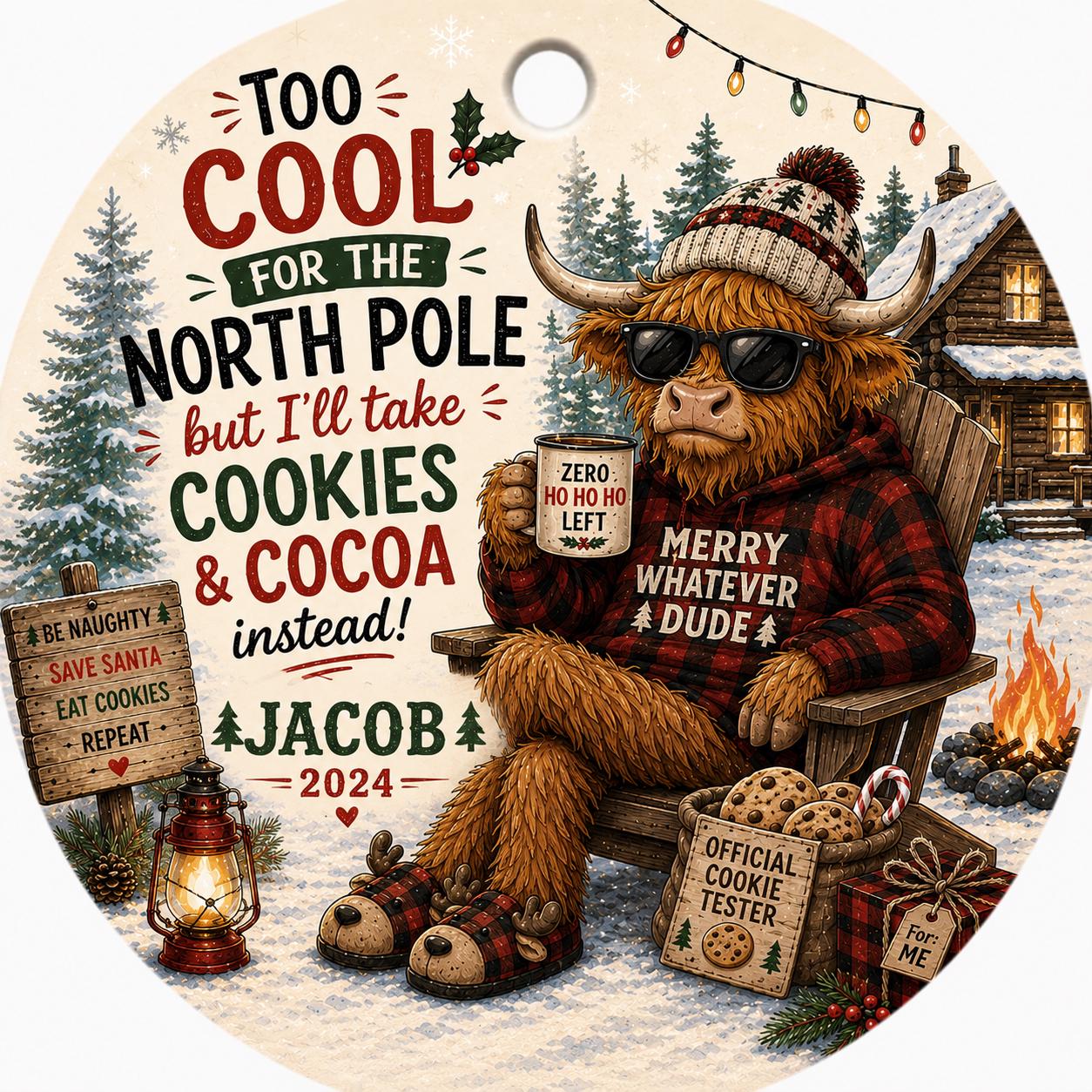 Highland Cow Christmas Ornament, Rustic Farmhouse Holiday Decor, Cookies Cocoa GiftPersonalized