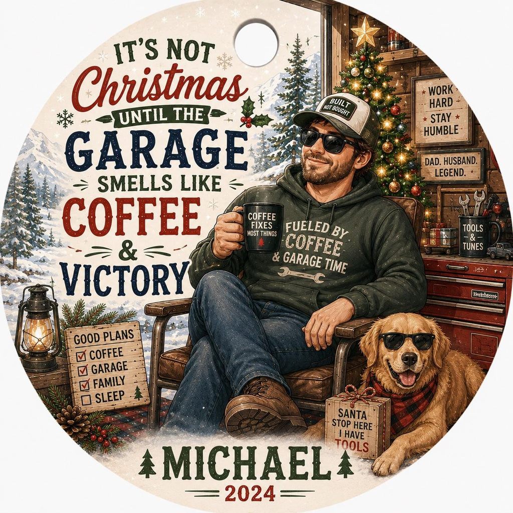 Garage Christmas Ornament, Coffee Mechanic Gift, Rustic Man Cave DecorPersonalized
