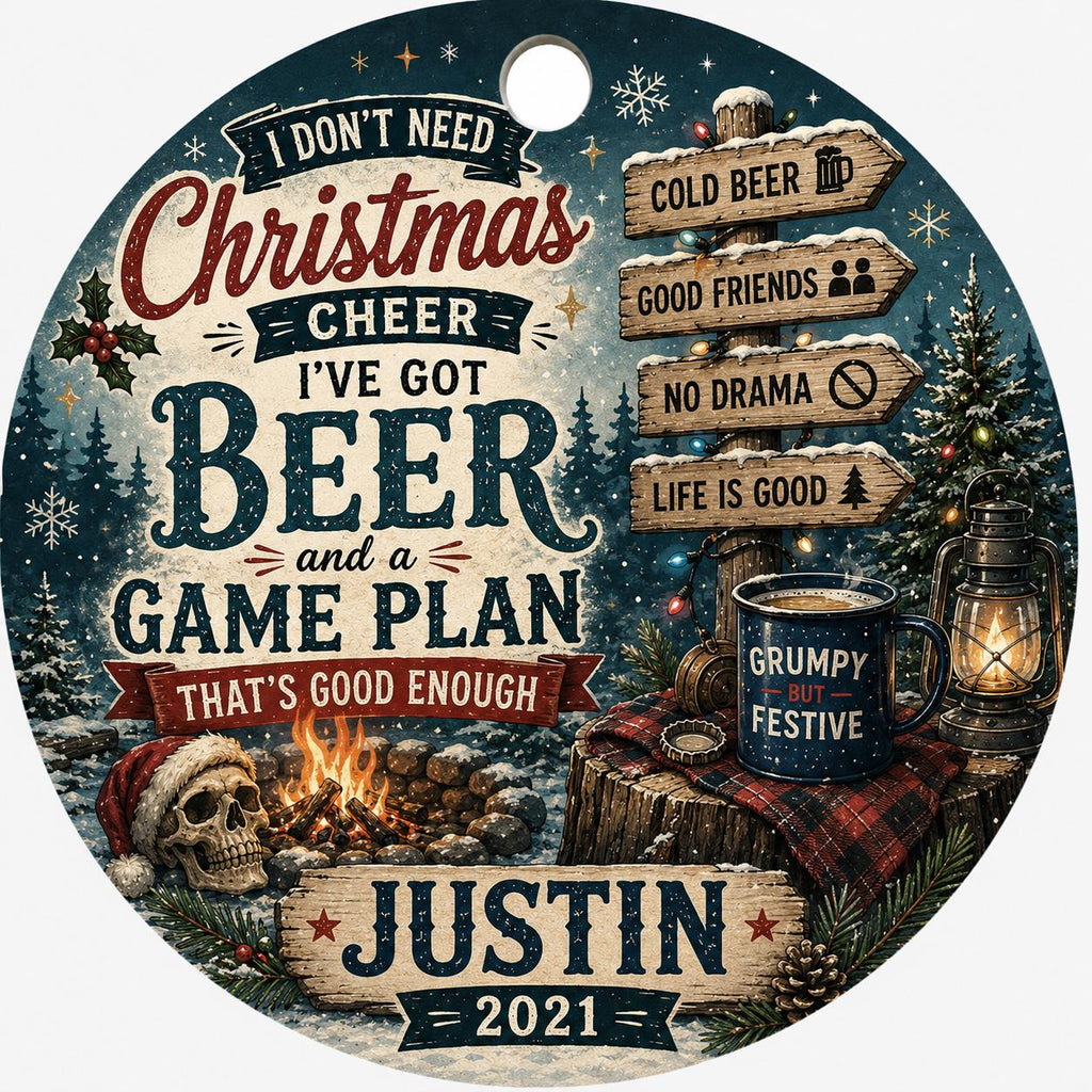 Beer Christmas Ornament, Rustic Grumpy Festive Guy Gift, Custom Holiday DecorPersonalized