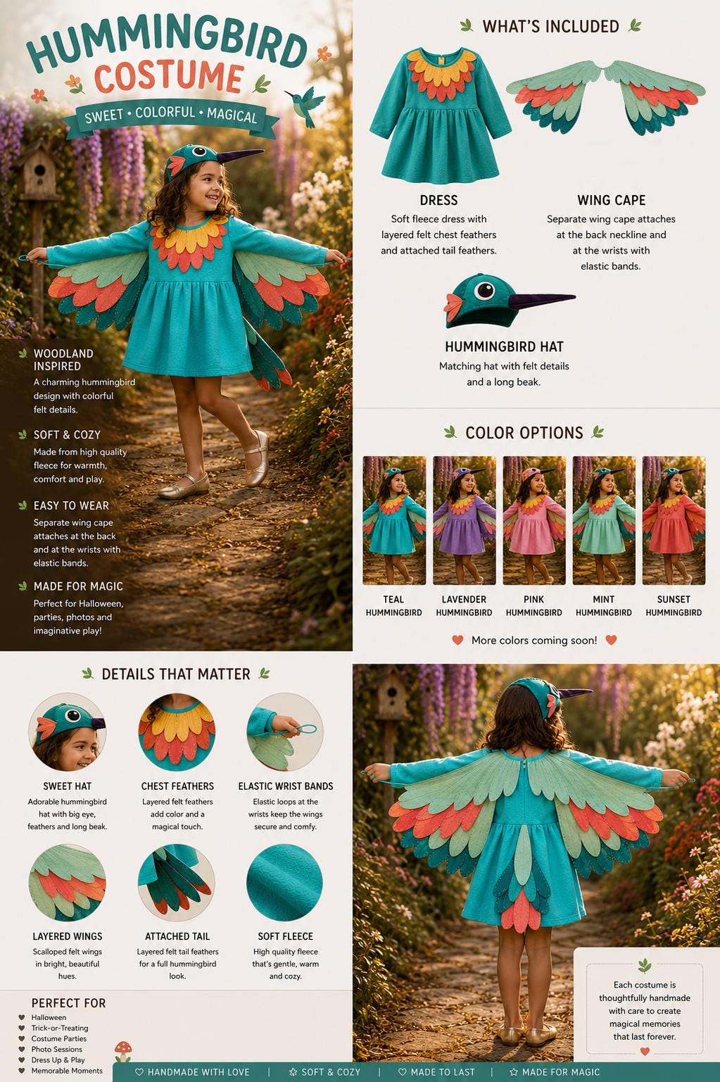 Girls Hummingbird Costume, Toddler Bird Dress with Wings and Hat, Kids Halloween Costume, Colorful Bird Outfit, Woodland Animal Dress Up