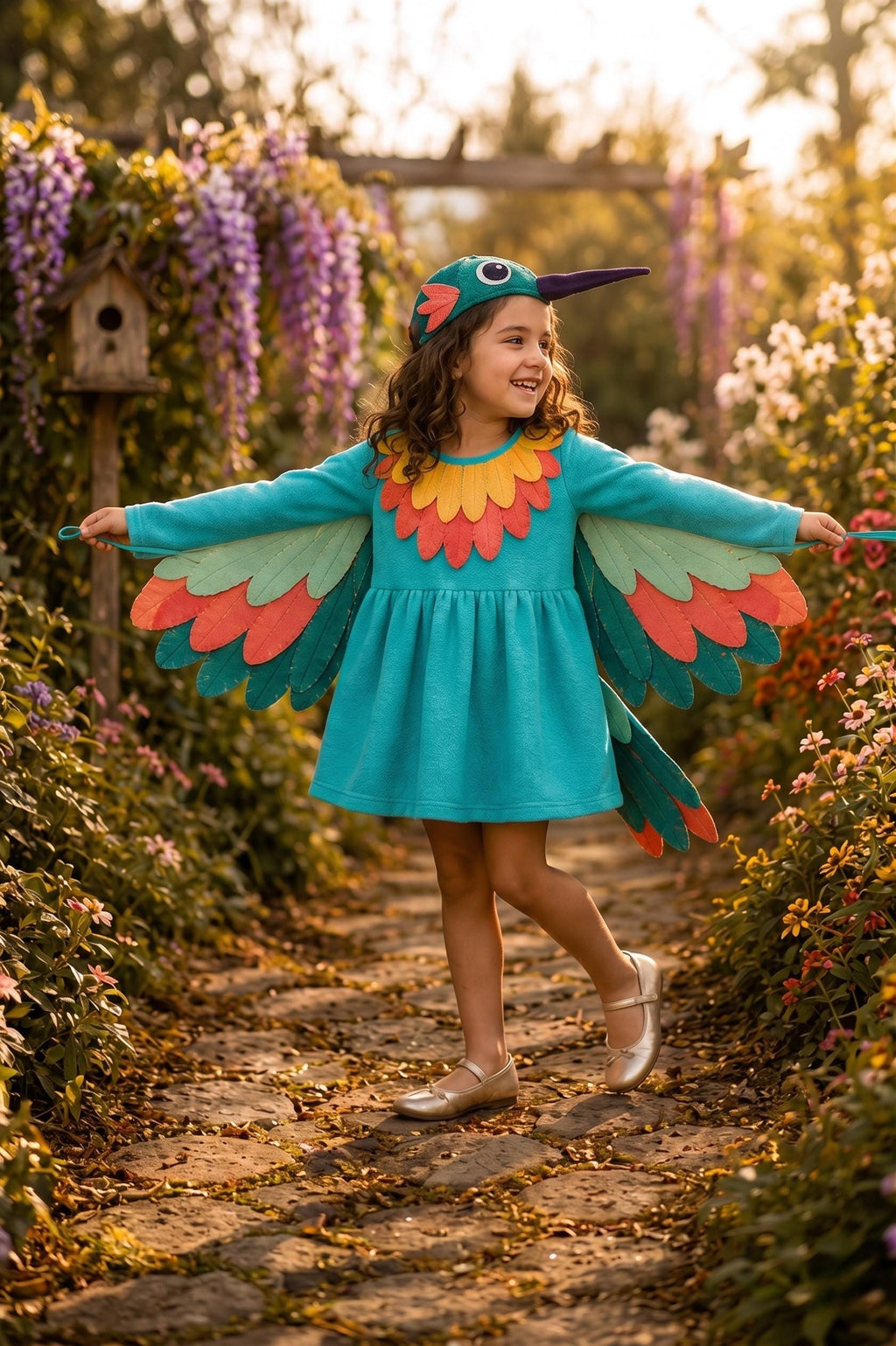 Girls Hummingbird Halloween Costume, Toddler Bird Dress with Wings and Hat