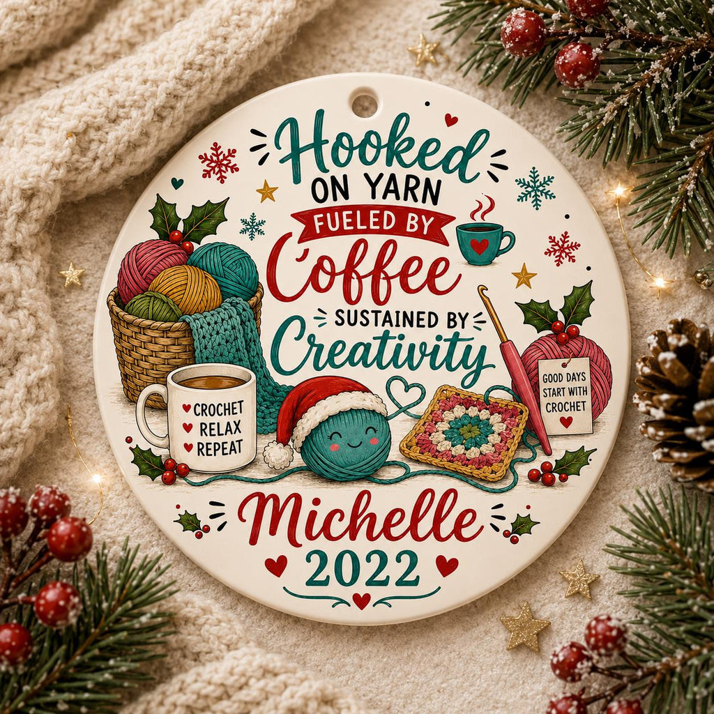 Crochet Ornament, Yarn Coffee Lover Christmas Keepsake, Crocheter Holiday DecorPersonalized