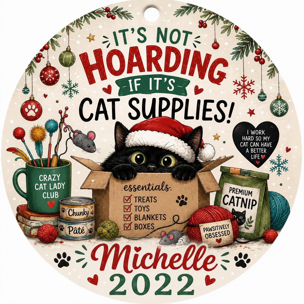 Black Cat Ornament, Crazy Lady Christmas Gift, Supplies Humor KeepsakePersonalized
