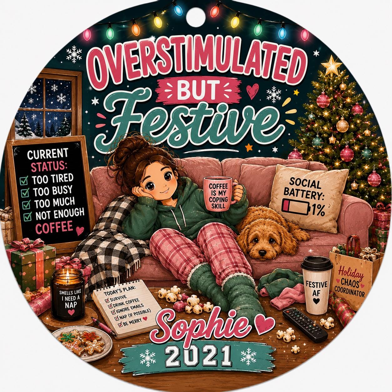 Overstimulated But Festive Ornament, Coffee Lover Introvert Holiday Decor (Personalized)Personalized
