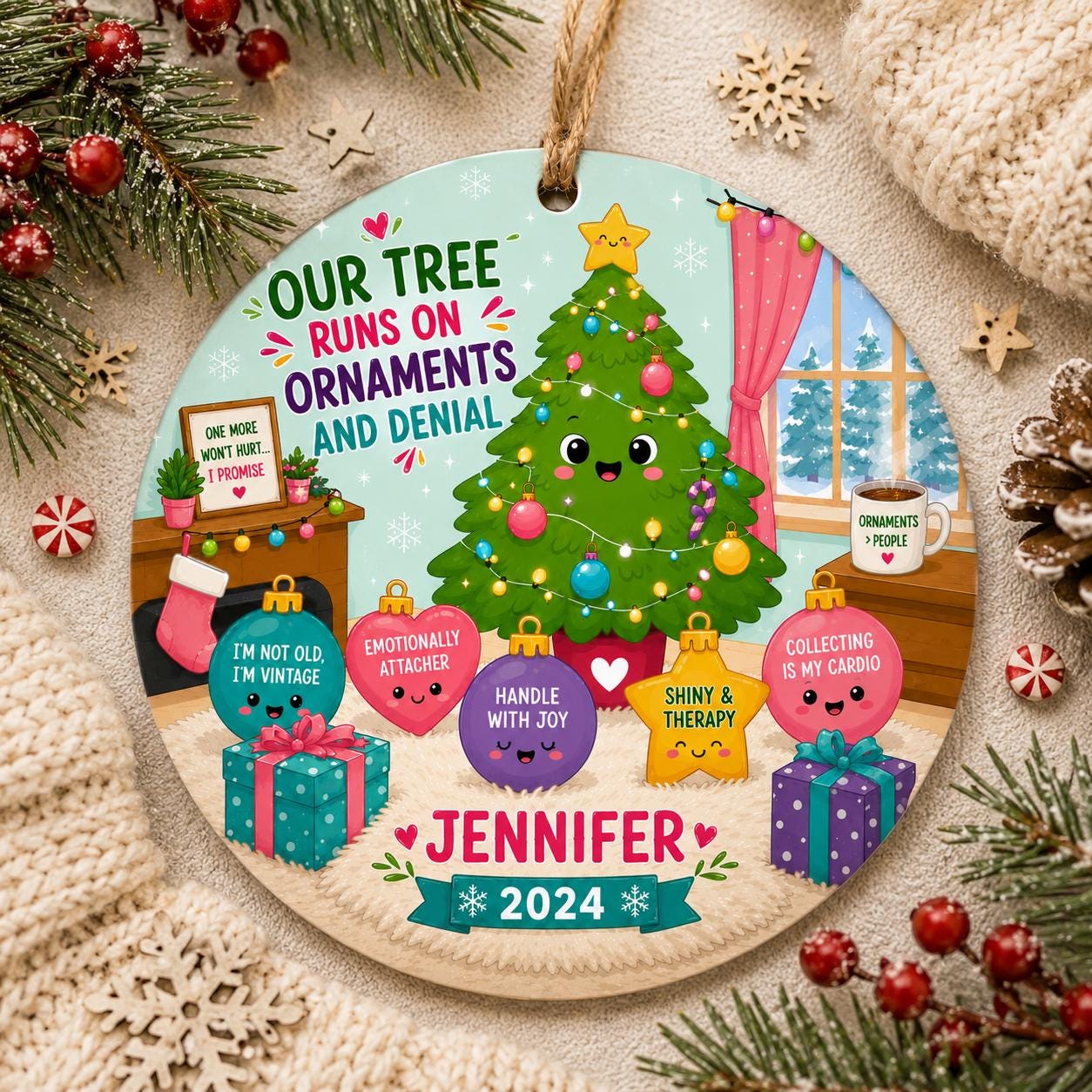 Christmas Ornament, Funny Ornament Lover, Tree Runs On Ornaments And Denial, Custom Name YearPersonalized