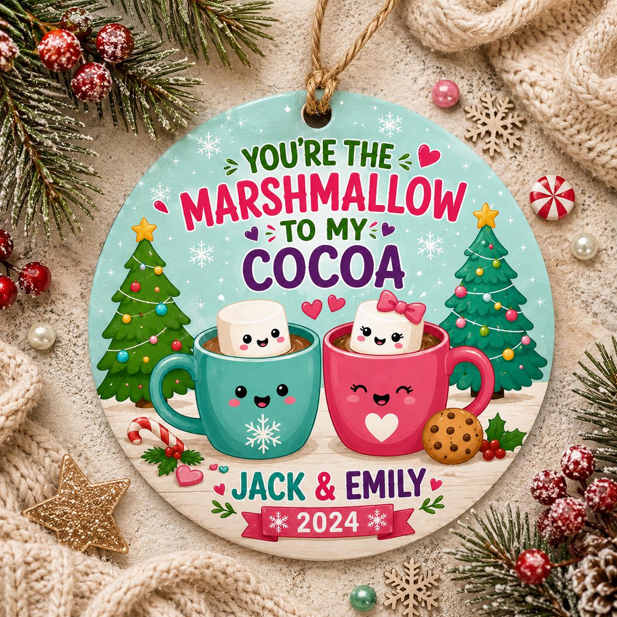 Couple Ornament, Marshmallow Cocoa Christmas Keepsake, Kawaii Hot Cocoa Mug GiftPersonalized