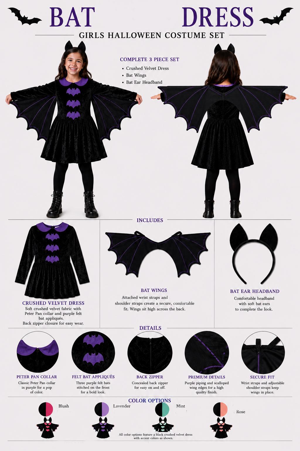 Girls Bat Wing Halloween Costume – Crushed Velvet Dress, Wings, Ears Set
