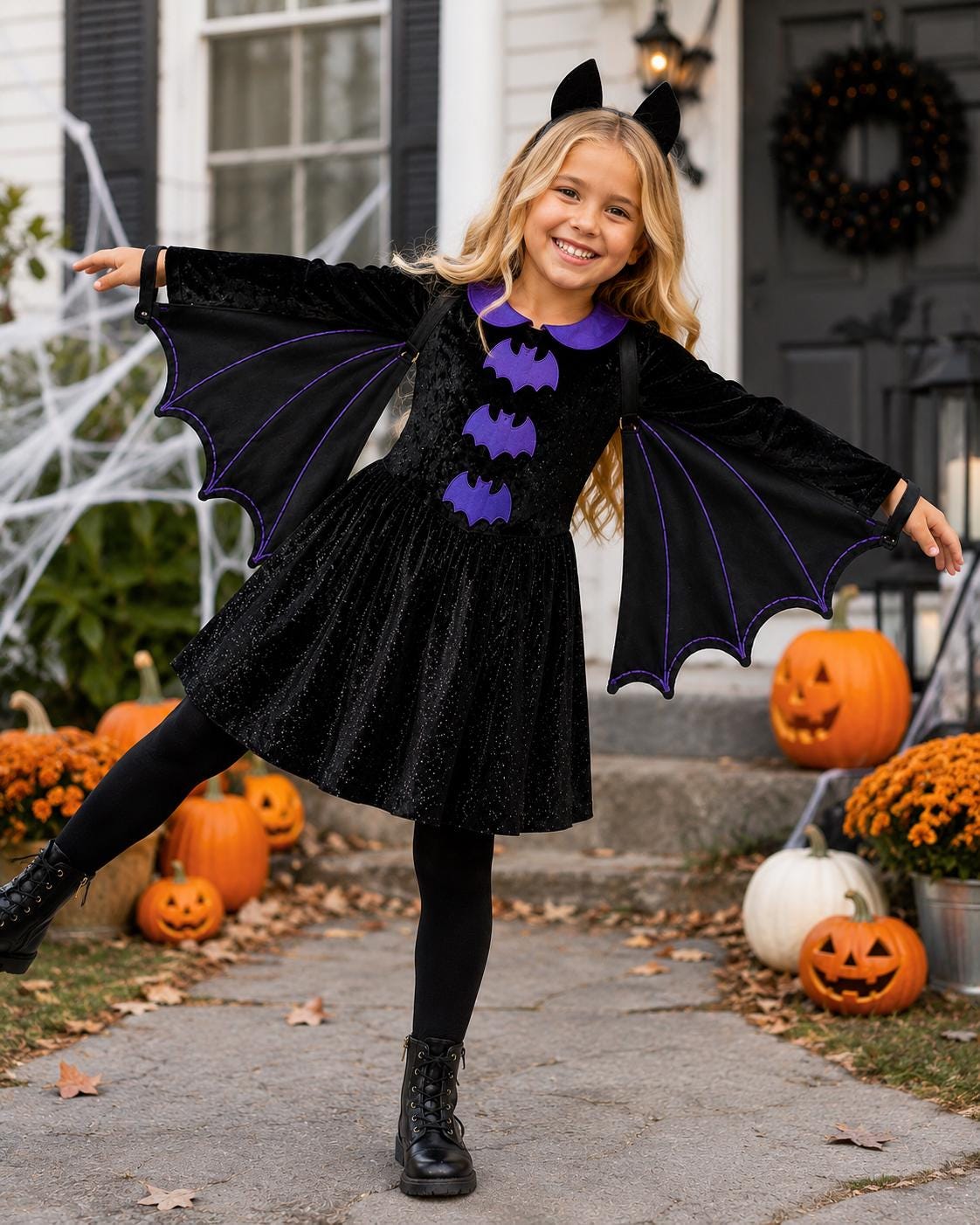 Whimsical Bat Wing Halloween Costume for Girls - Handmade Crushed Velvet Dress, Wings & Bat Ears Set - Multiple Colors - Custom Sizes