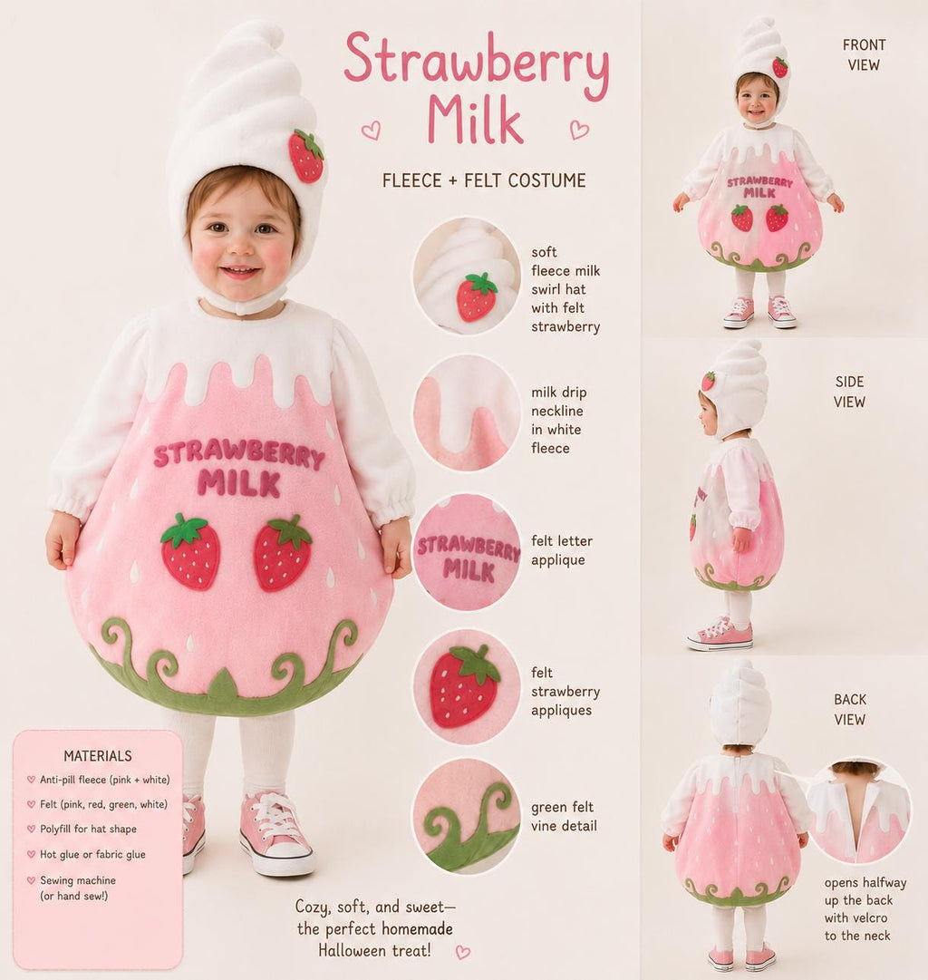 Handmade Kids Strawberry Milk Costume | Fleece Halloween Tunic with Soft Serve Hat | Toddler & Child Sizes 1-8