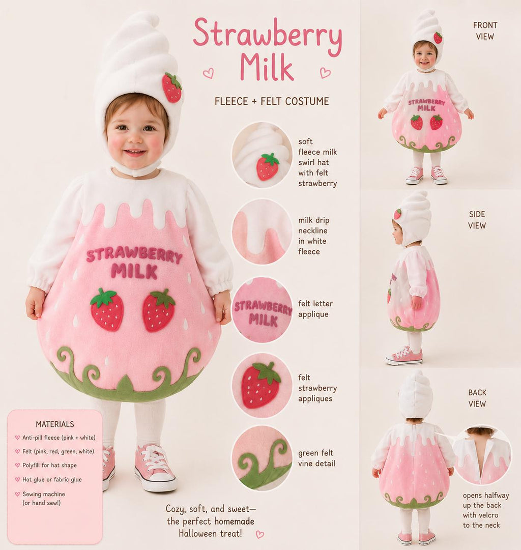 Kids Strawberry Milk Costume | Fleece Tunic with Soft Serve Hat, Sizes 1-8