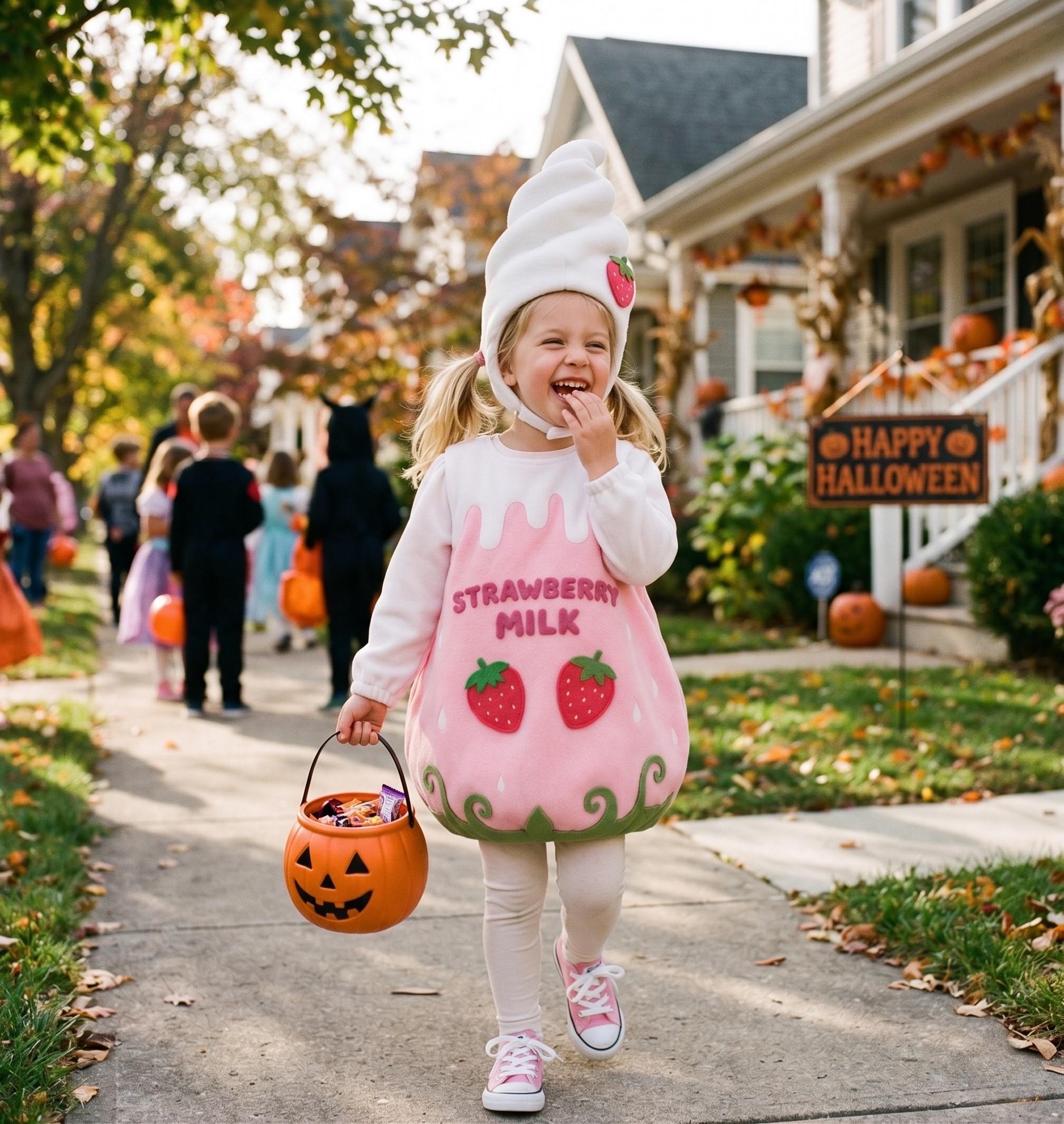 Kids Strawberry Milk Costume | Fleece Tunic with Soft Serve Hat, Sizes 1-8
