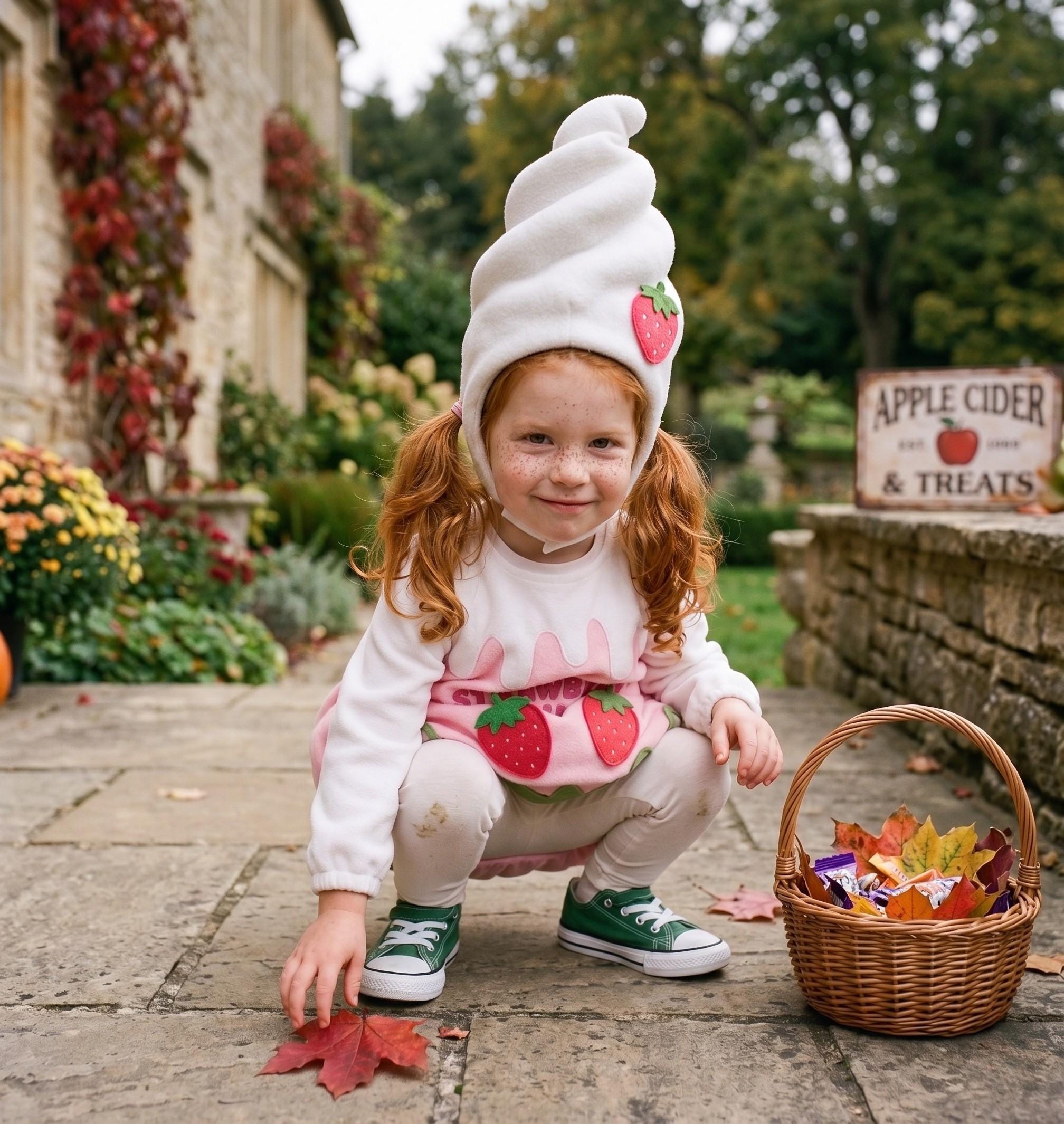 Handmade Kids Strawberry Milk Costume | Fleece Halloween Tunic with Soft Serve Hat | Toddler & Child Sizes 1-8