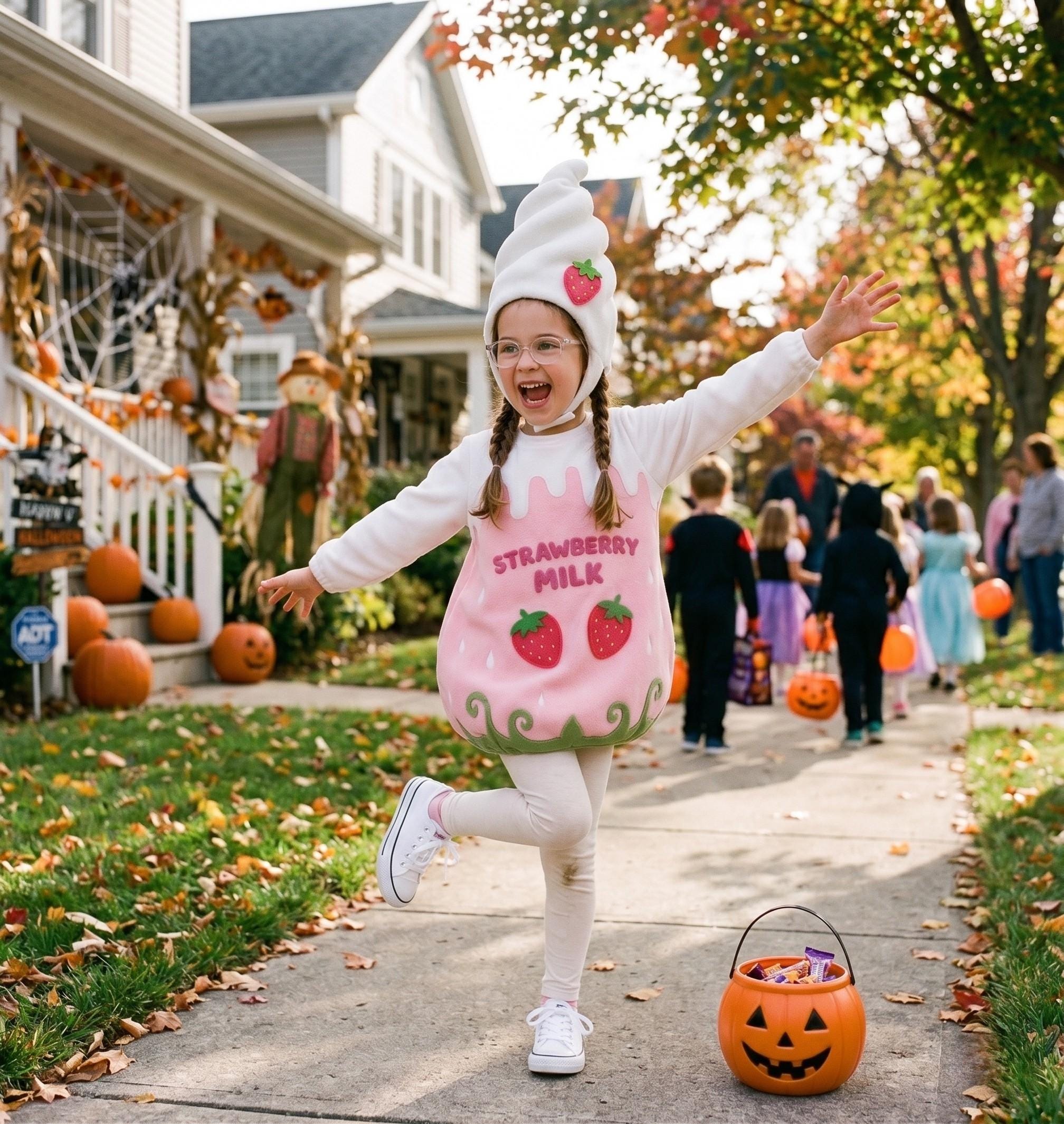 Kids Strawberry Milk Costume | Fleece Tunic with Soft Serve Hat, Sizes 1-8