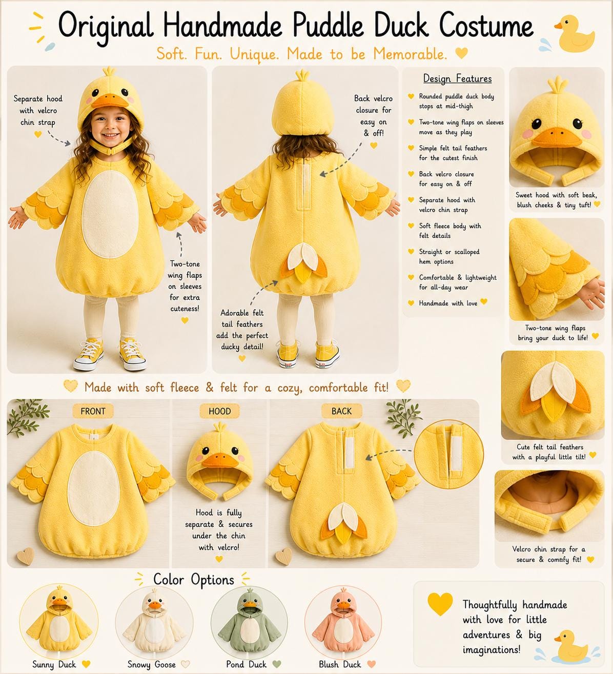 Puddle Duck Costume Kids, Handmade Fleece Duck Outfit, Cute Tunic Style Animal Costume, Toddler Halloween Costume, Goose Dress Up