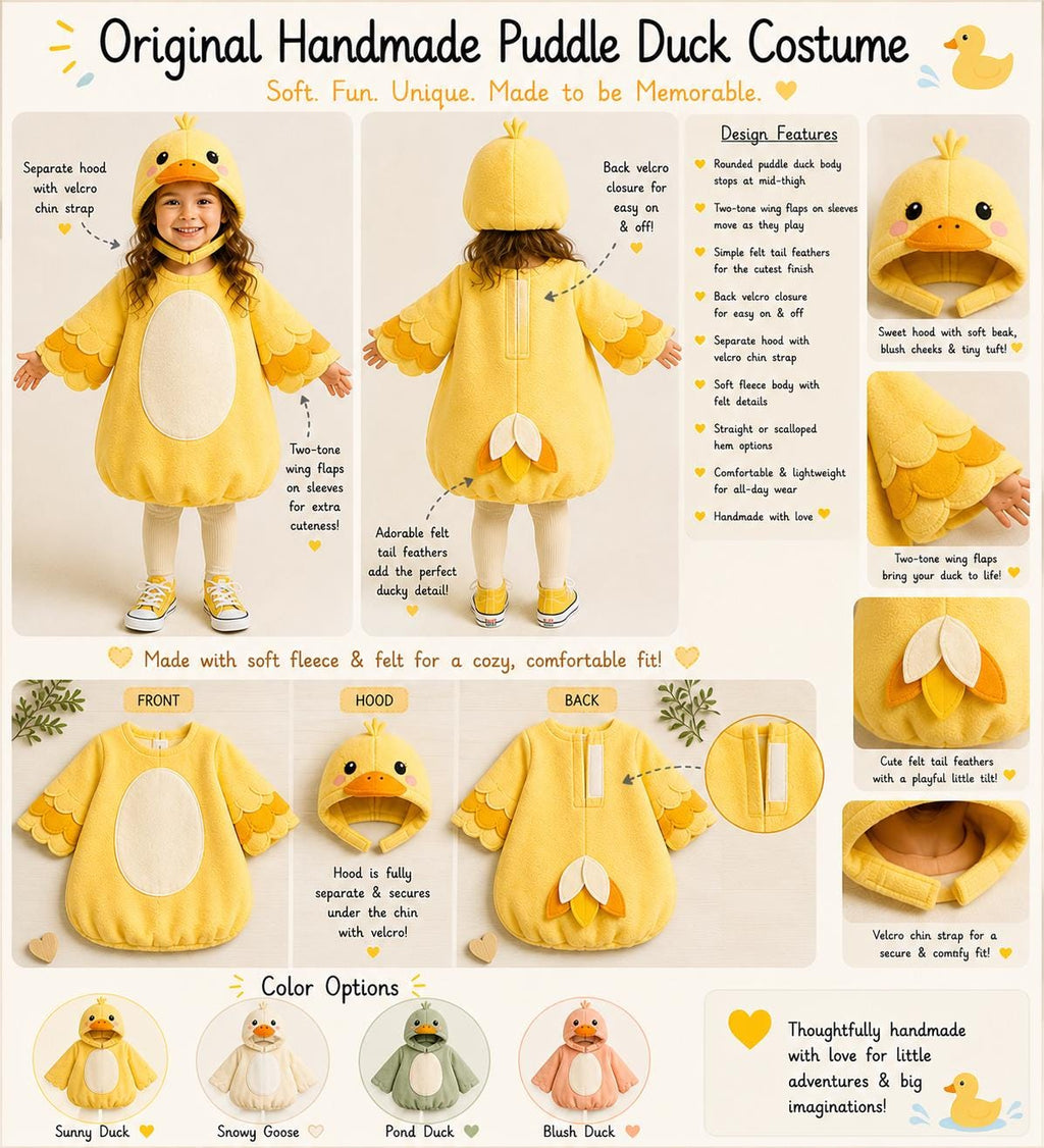 Handmade Fleece Puddle Duck Costume, Tunic Style Animal Outfit, Toddler Halloween Dress Up