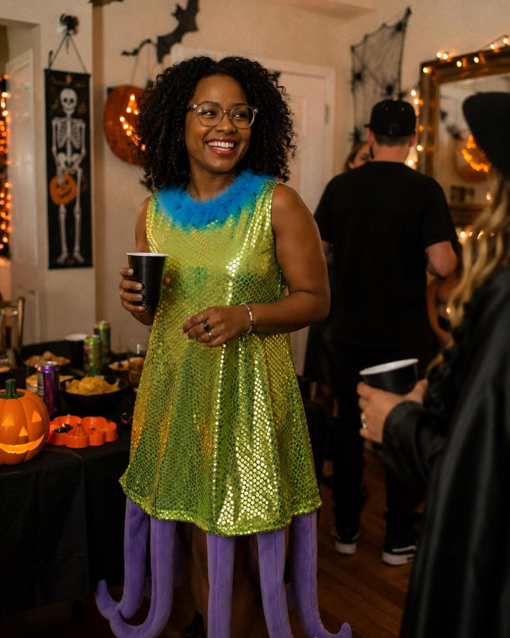 Women's Celia Halloween Costume Dress: Green Sequined, Purple Tentacles, Feather Neckline