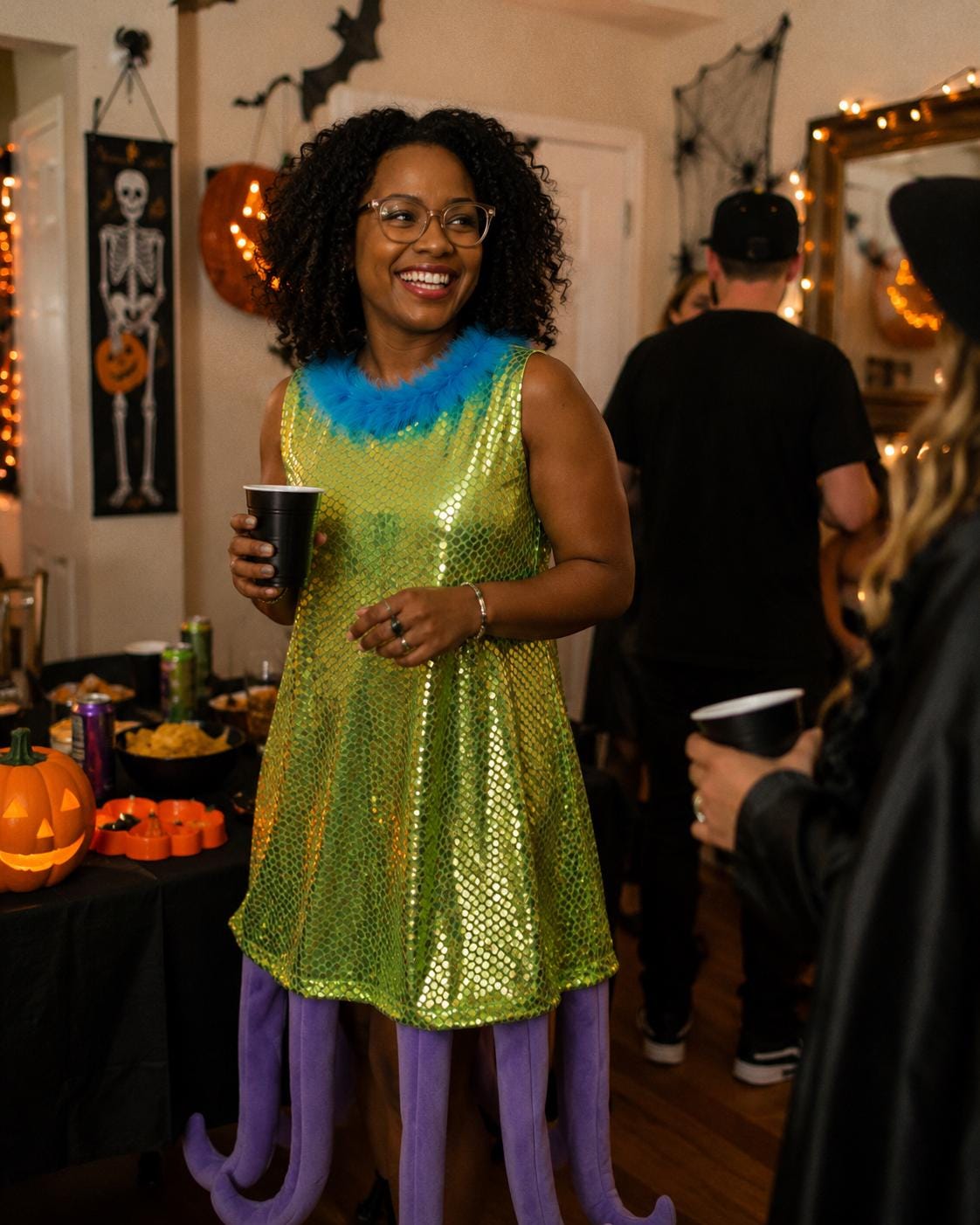 Women's Celia Halloween Costume Dress: Green Sequined, Purple Tentacles, Feather Neckline