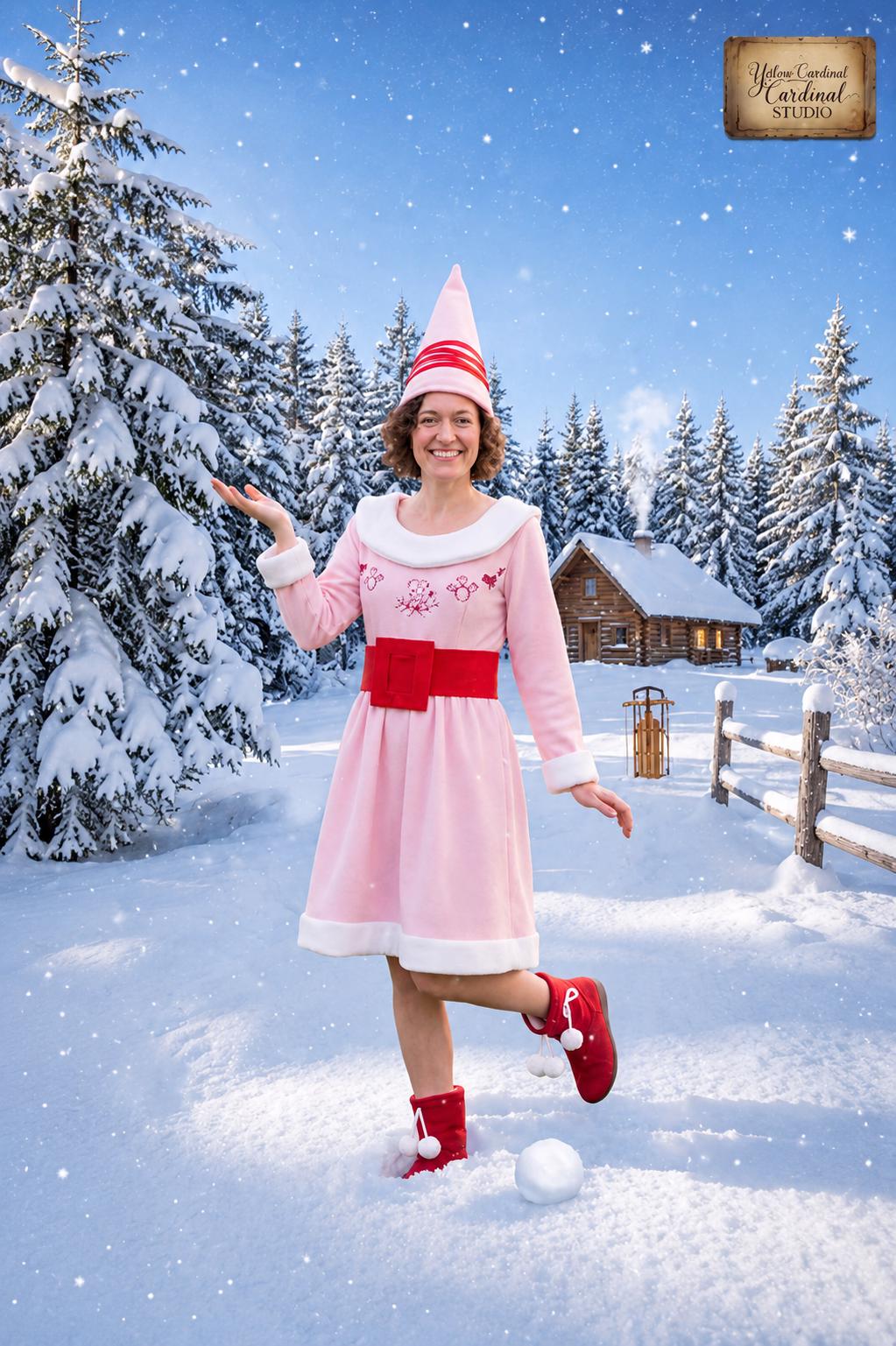 Women's Jovie Elf Costume, Pink Fleece Dress, Holiday Cosplay Set