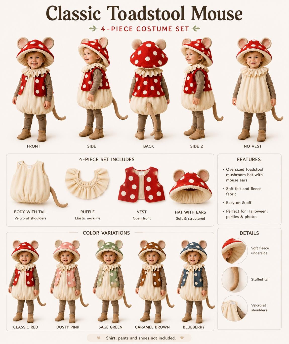Mushroom Mouse Costume for Kids, Woodland Halloween Outfit, Cozy Fleece Mouse Costume, Whimsical Toadstool Dress Up