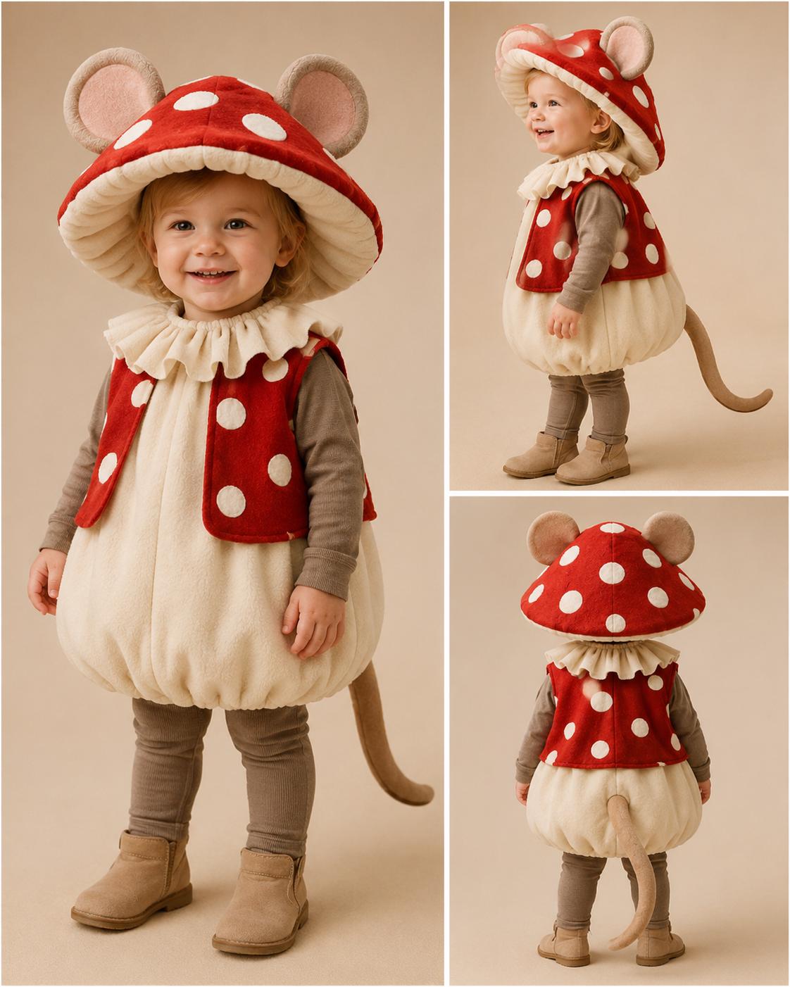Mushroom Mouse Costume for Kids, Woodland Halloween Outfit, Cozy Fleece Mouse Costume, Whimsical Toadstool Dress Up