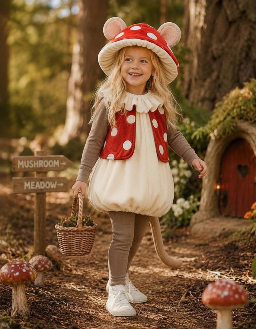 Mushroom Mouse Costume for Kids, Woodland Halloween Outfit, Cozy Fleece Mouse Costume, Whimsical Toadstool Dress Up