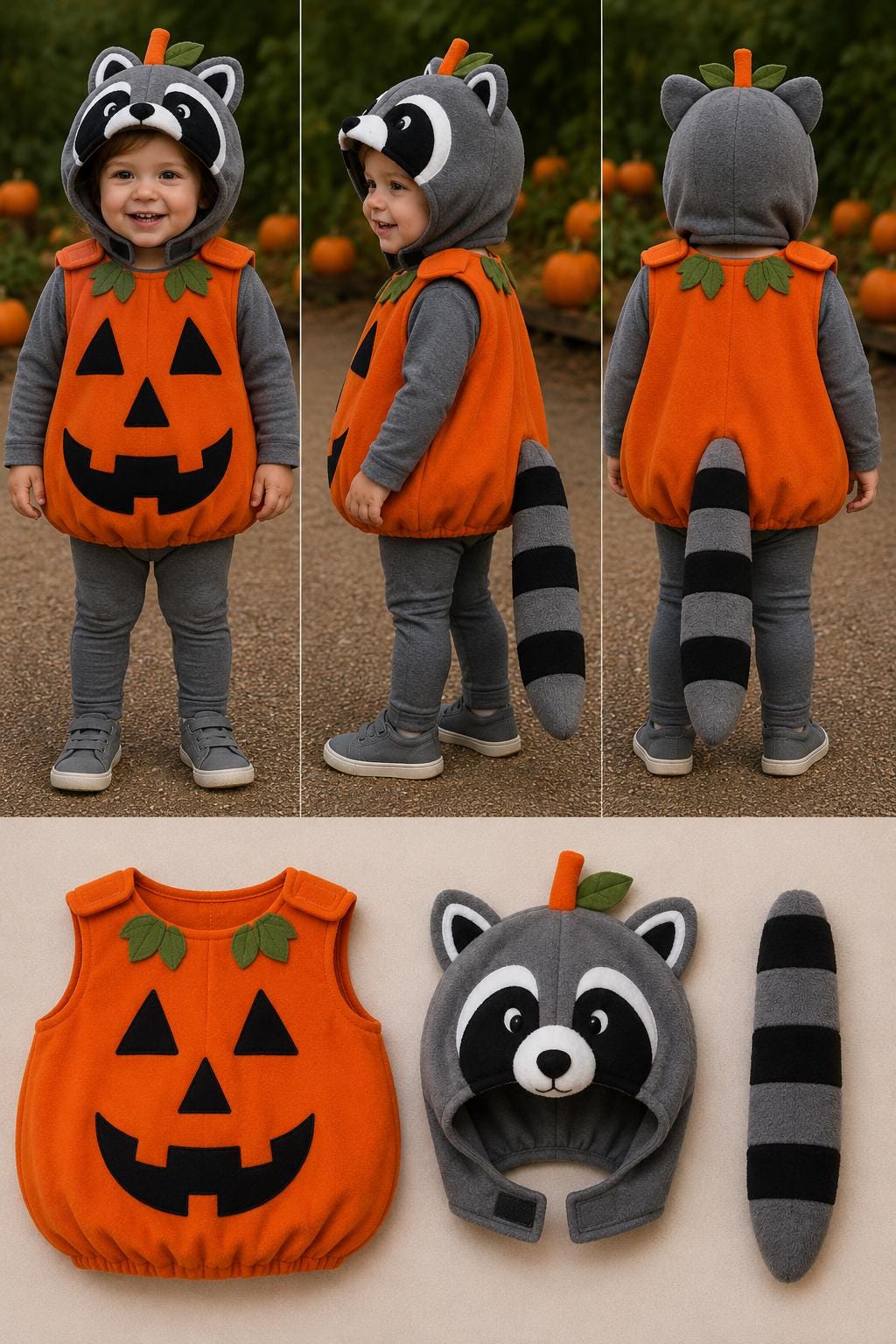 Raccoon Pumpkin Costume for Kids, Woodland Halloween Outfit, Jack O Lantern Costume, Cozy Toddler Fall Costume