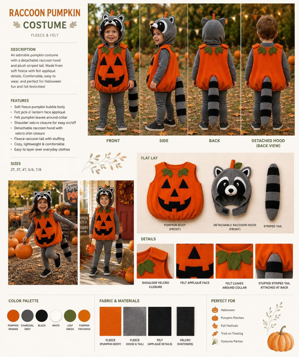 Kids Raccoon Pumpkin Costume, Toddler Halloween Outfit, Woodland Jack O Lantern