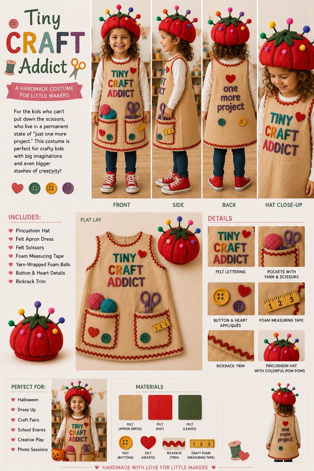 Kids Craft Addict Costume, Sewing Dress Up Outfit, Pincushion Hat, Maker Halloween