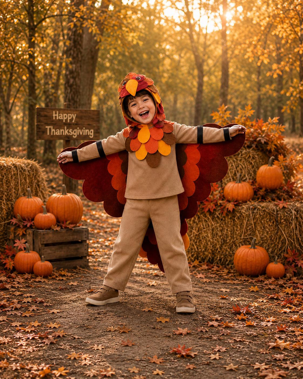 Kids Turkey Costume, Fleece Thanksgiving Outfit, Feather Wings Cape, Toddler Autumn Dress Up