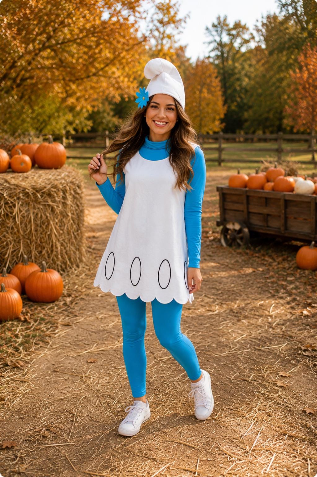 Women's Smurfette Halloween Costume, Fleece Cosplay Dress with Hat
