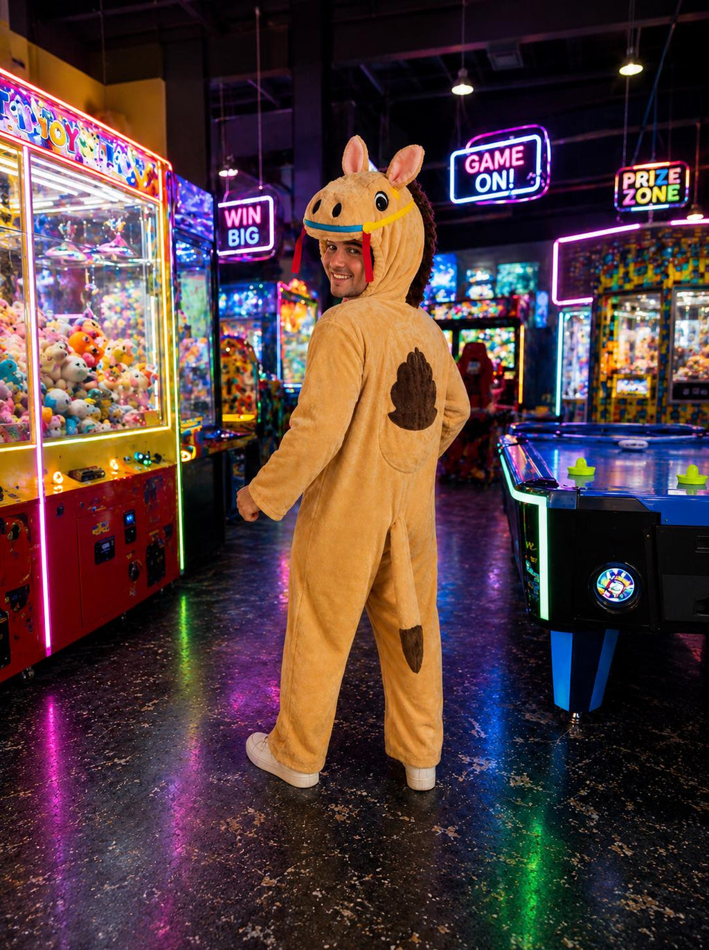 Unisex Camel Fleece Costume, Two-Piece Hooded Bodysuit, Desert Animal Halloween Outfit