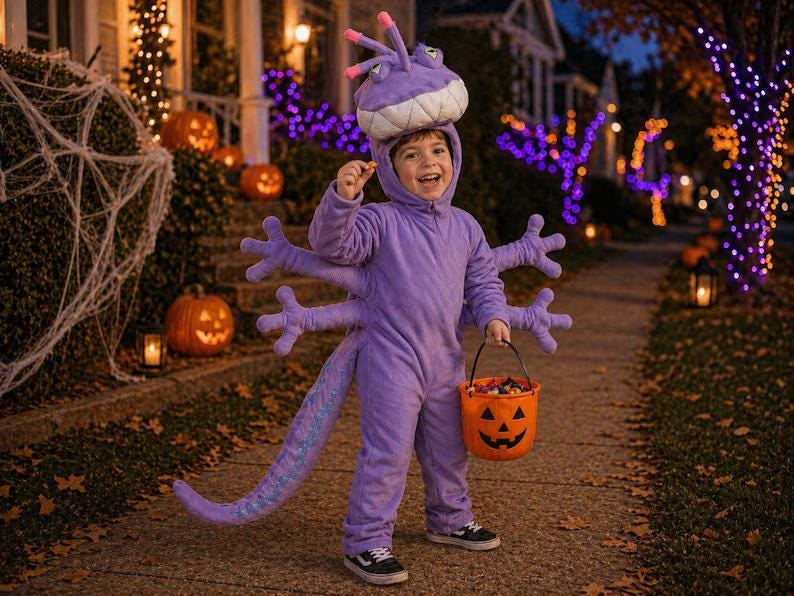 Purple Monster Randall Alien Costume: Fleece Bodysuit and Hood for Halloween Cosplay