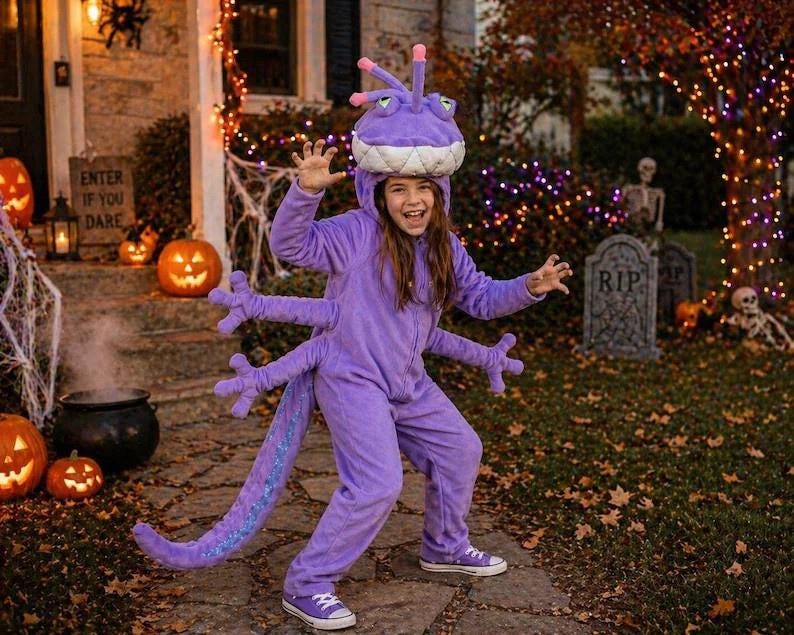 Purple Monster Randall Alien Costume: Fleece Bodysuit and Hood for Halloween Cosplay